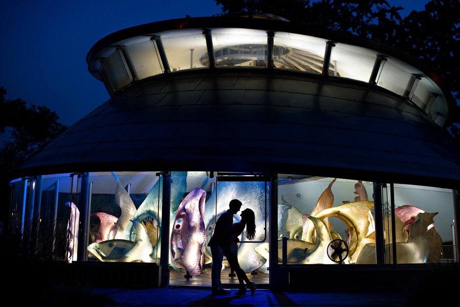 A couple dance in front of a glass sea carousel in Battery park for their engagement session.